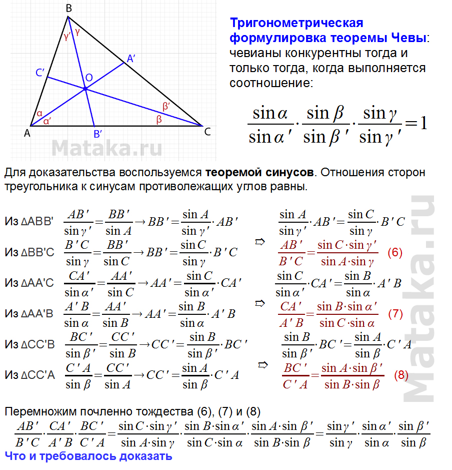 Теорема Чевы тригонометрическая формулировка